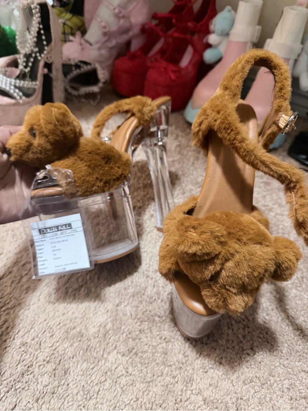 Dolls Kill Tan Faux Fur Clear Platform Slingback Heels